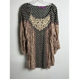 Fucsia Women 3X Boho Mixed Print Crochet Lace Neck Tunic Top Rayon Long Sleeve